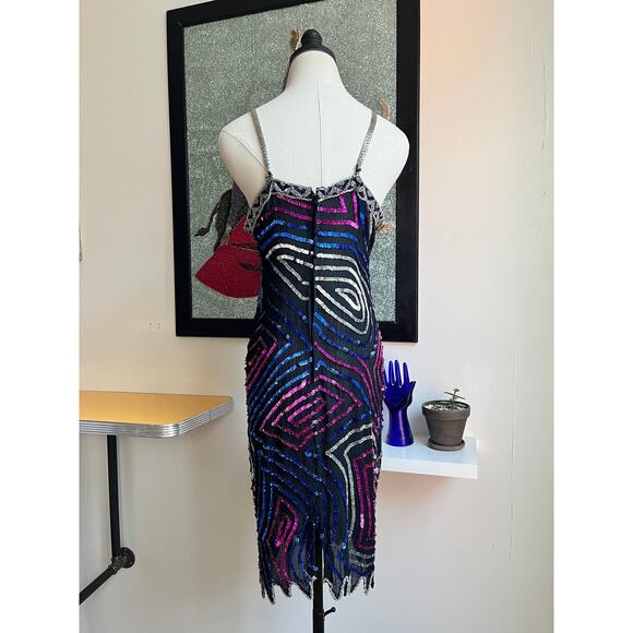 Vintage 90s Silk Sequin Slip Dress | Caché Beaded Cocktail Dress | M - Picture 3 of 7